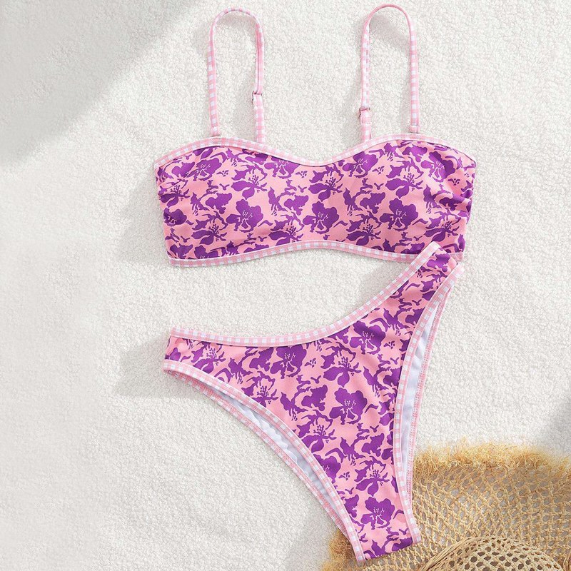 Conjunto de Biquíni Dois Peças Tanga Cintura Alta Controle de Barriga Estampado Moda Praia para Mulheres
