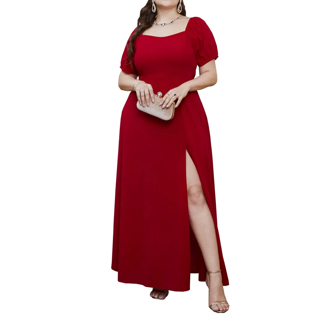 Vestidos Elegantes Casuais de Festa para Mulheres Gordinhas com Decote Coração e Fenda Vermelha em Tamanho Plus
