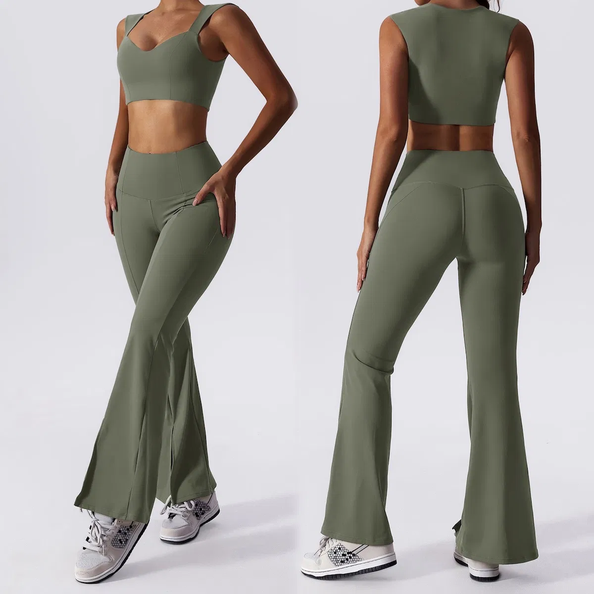 Roupas de treino de pilates para mulheres, personalizadas, com sutiã esportivo estiloso + leggings flare de cintura alta, vestuário de fitness para yoga, roupas casuais de atividade