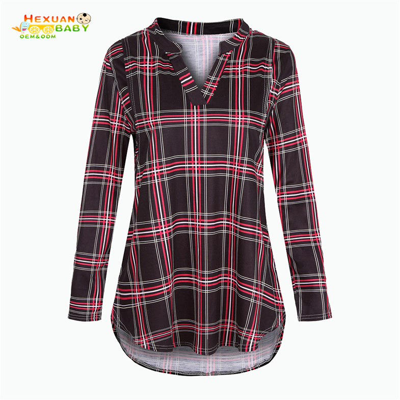2025 Gravidez Mãe Amamentando 3/4 Camiseta Solta com Estampa Xadrez e Decote em V para Mulheres em Maternidade e Amamentação