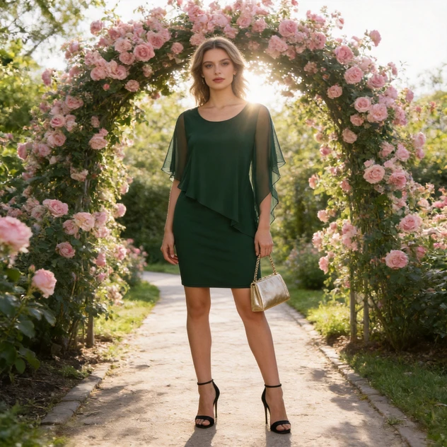 Vestido Midi Bodycon Lápis com Manga de Chiffon Verde Escuro para Mulheres Plus Size, Elegante para Casamento, Convidada, Evento Formal e Festa