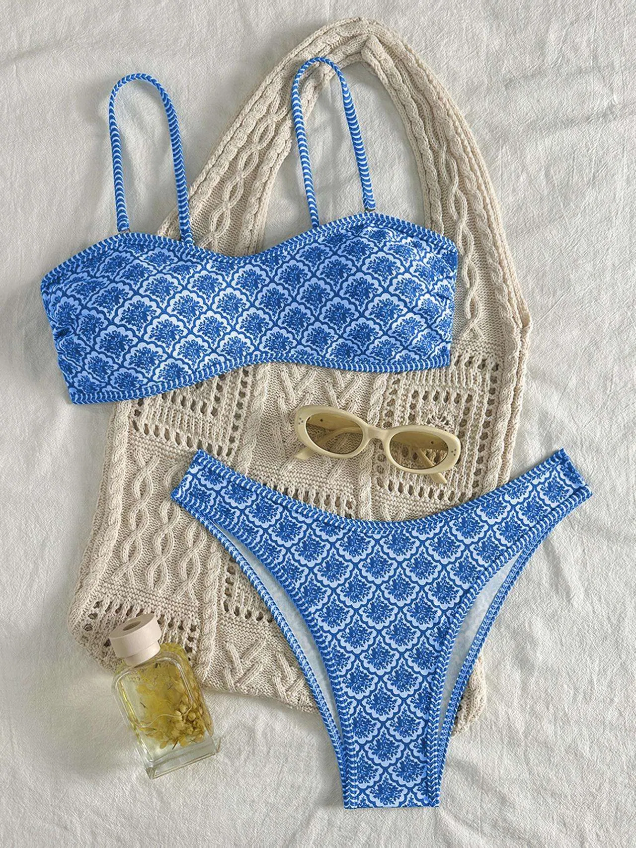 Conjunto de Biquíni Dois Peças Tanga Cintura Alta Controle de Barriga Estampado Moda Praia para Mulheres