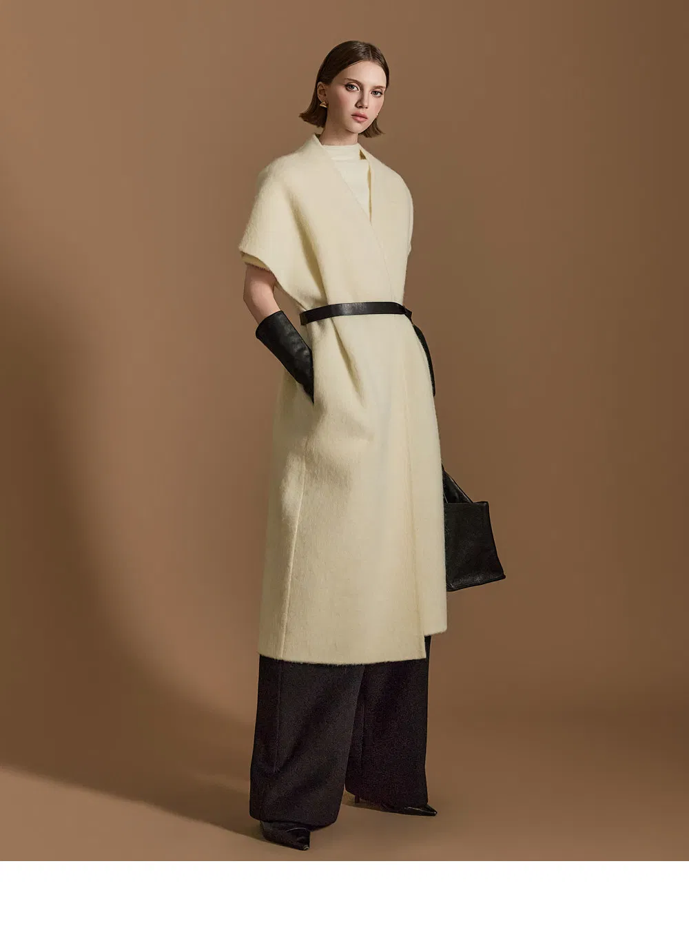 Casaco de Lã com Gola de Cape de Luxo para Mulheres, Oversized, com Cinto, Sobretudo Longo de Lã, Elegante, Roupa Externa