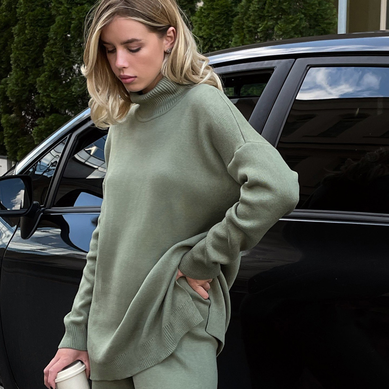 Suéter de Gola Alta com Ribs para Mulheres - Tricô de Viscose Confortável, Suéter de Manga Longa com Corte Solto - Design Estiloso com Ribs para Mulheres, Sem MOQ