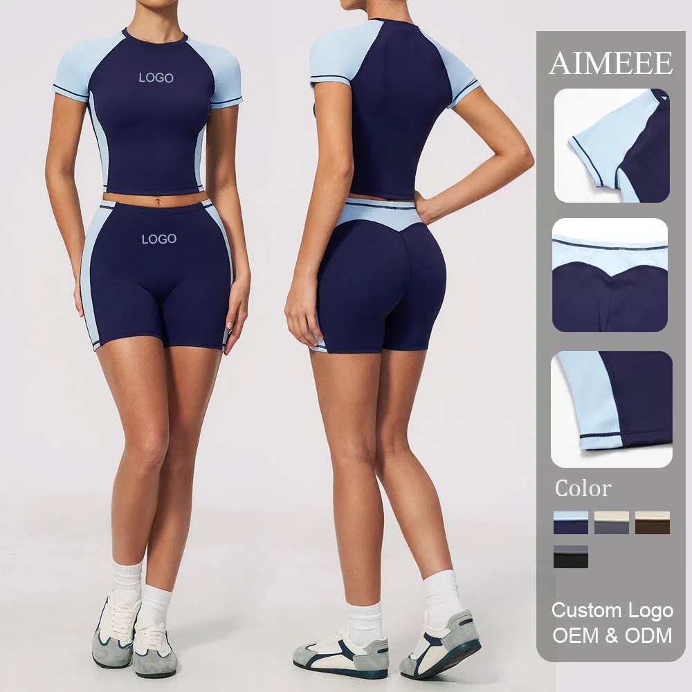Blusas de Tecido em Bloco de Cores para Mulheres, Camisetas, Shorts com Rabo de Sereia, Roupas de Marca Privada