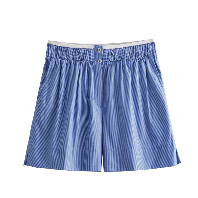 Novo Estilo Casual de Moda Calças Curtas de Popeline Listradas em Azul com Recortes na Cintura Média Roupas Femininas Atacado