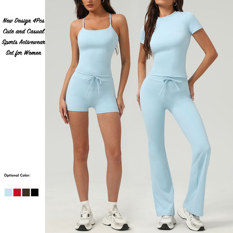 4-Piece Roupas de Esporte Fofas para Mulheres, Top de Ginástica Almofadado + Camiseta de Exercício de Manga Curta + Shorts com Corda de Ajuste &amp; Calças Flare para Dança Conjunto de Roupas de Fitness