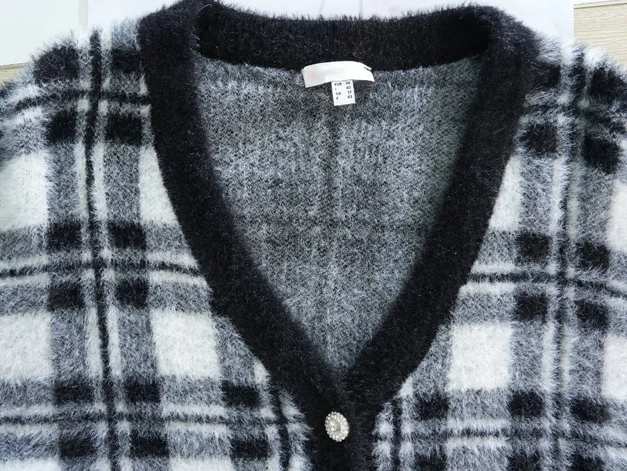 Cardigã de Malha Fuzzy de Nylon Xadrez Feminino 100% Moda Urbana