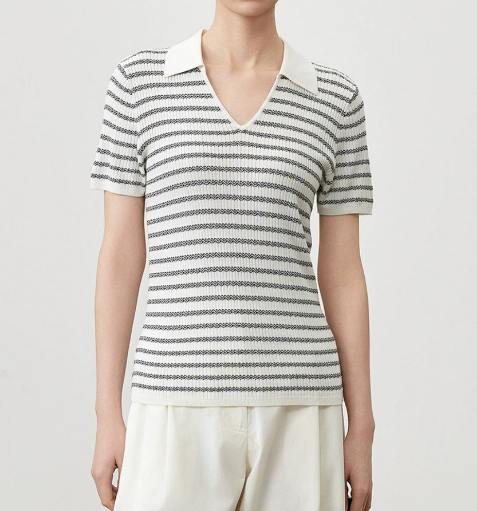 Fábrica Personalizada Blusas de Seda para Mulheres com Manga Curta Listrada e Gola Polo