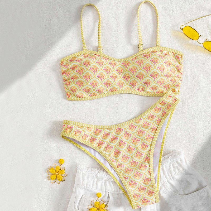 Conjunto de Biquíni Dois Peças Tanga Cintura Alta Controle de Barriga Estampado Moda Praia para Mulheres