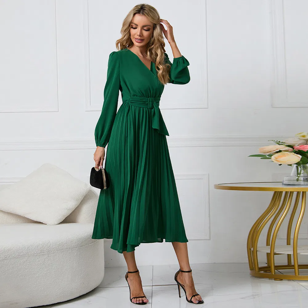 Fábrica OEM por atacado personalizada moda mulheres senhoras vestido longo de chiffon plissado para festa à noite