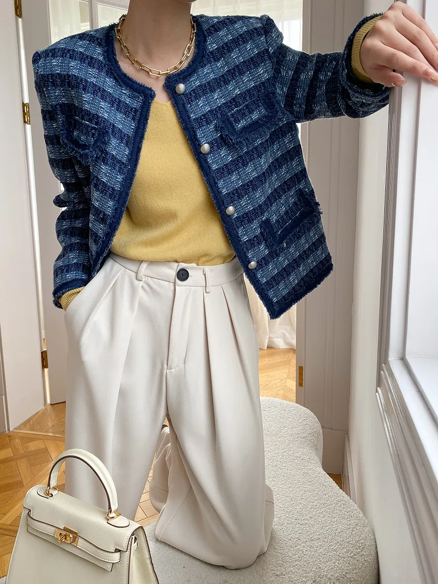 Casaco Curto Feminino Nnr Tricotado Primavera Coreano de Manga Longa Tweed para Mulheres