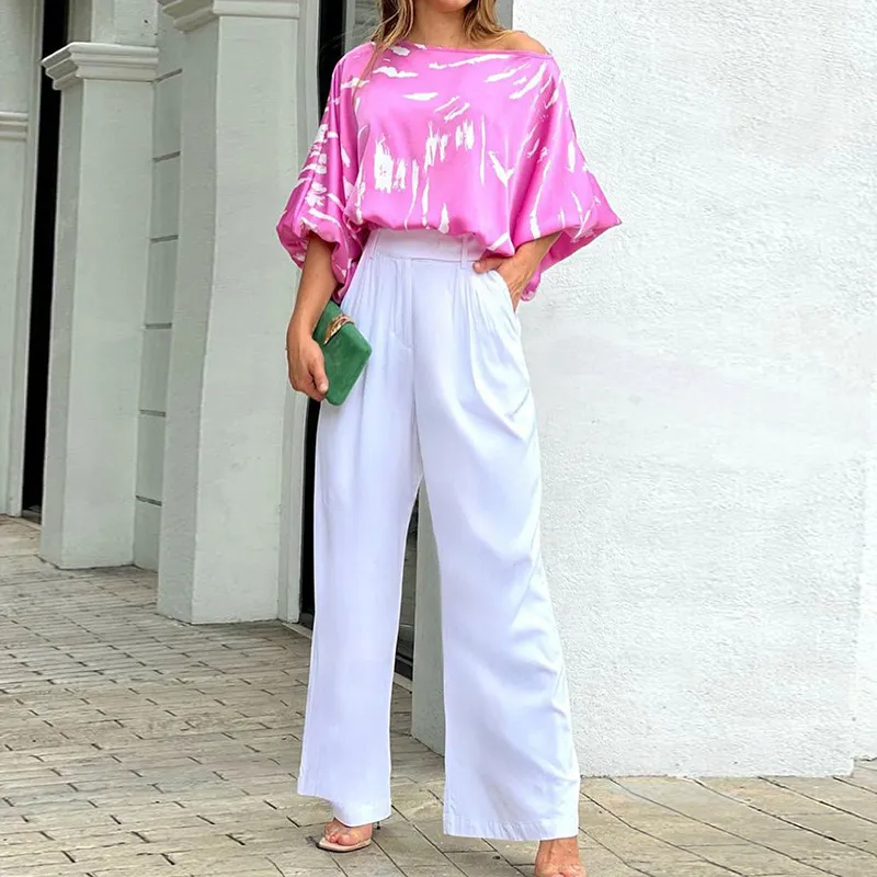 Conjunto de Duas Peças com Estampa Doce, Gola Redonda, Camiseta Curta e Calça Larga, Roupas Femininas