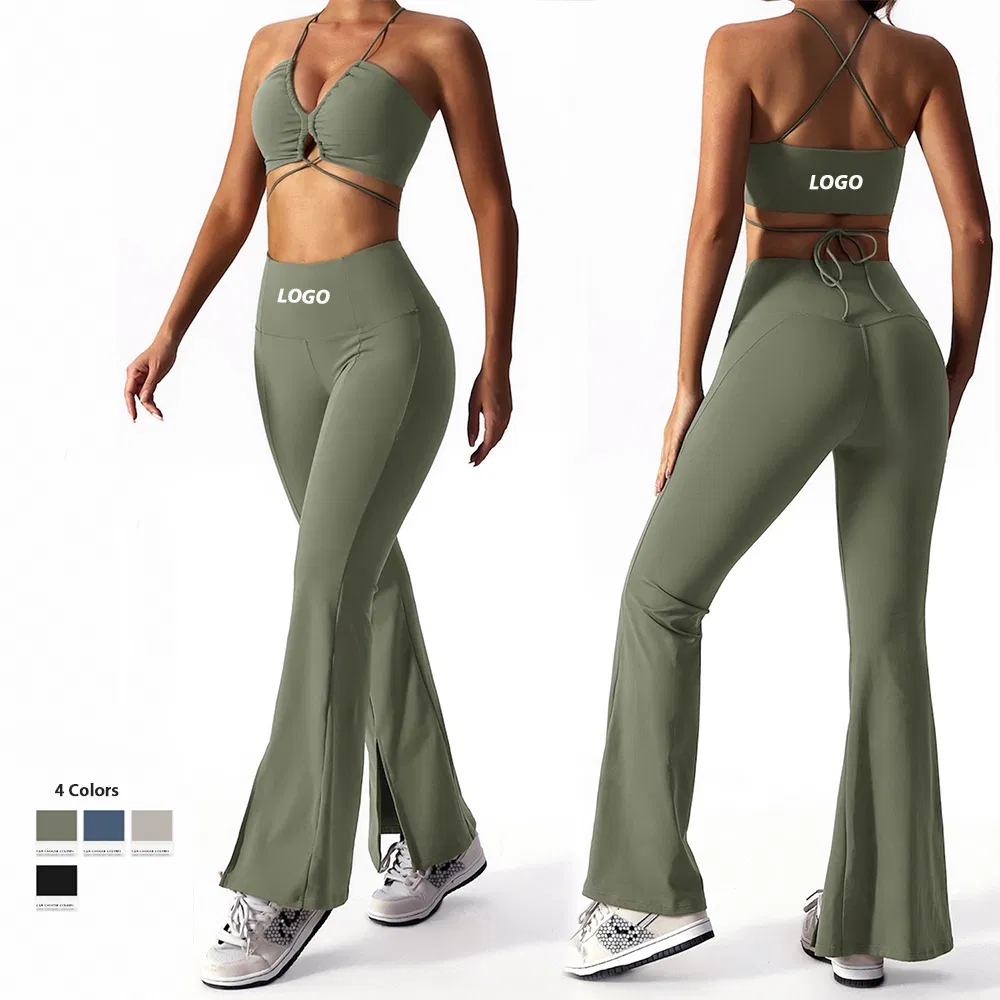 Roupas de treino de pilates para mulheres, personalizadas, com sutiã esportivo estiloso + leggings flare de cintura alta, vestuário de fitness para yoga, roupas casuais de atividade