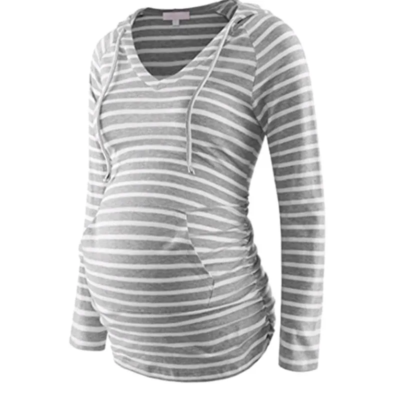 Camiseta de Maternidade de Manga Longa com Decote em V para Mulher Grávida com Capuz