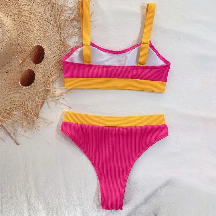 Tirante Largo de Cor Contrastante Moda de Praia Sexy para Mulher