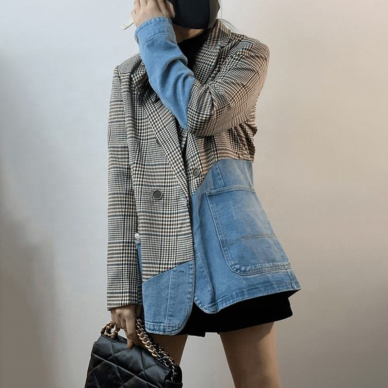 Conjunto Personalizado Atacado Colar Elegante Casual Jaqueta Esportiva de Denim com Patchwork Xadrez para Mulheres