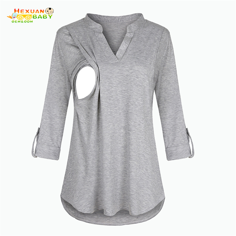 2025 Gravidez Mãe Amamentando 3/4 Camiseta Solta com Estampa Xadrez e Decote em V para Mulheres em Maternidade e Amamentação