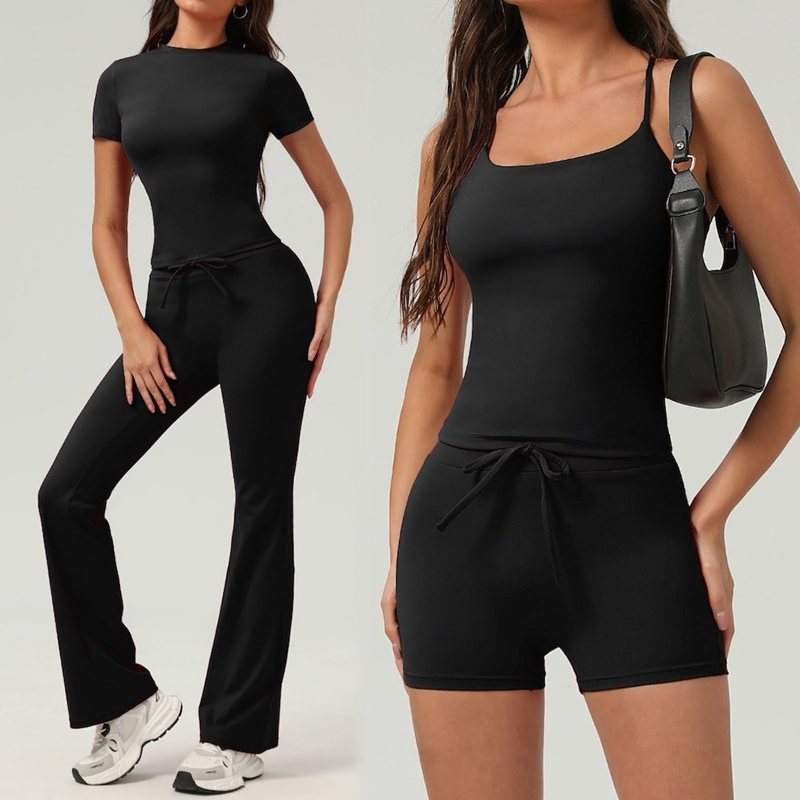 4-Piece Roupas de Esporte Fofas para Mulheres, Top de Ginástica Almofadado + Camiseta de Exercício de Manga Curta + Shorts com Corda de Ajuste &amp; Calças Flare para Dança Conjunto de Roupas de Fitness