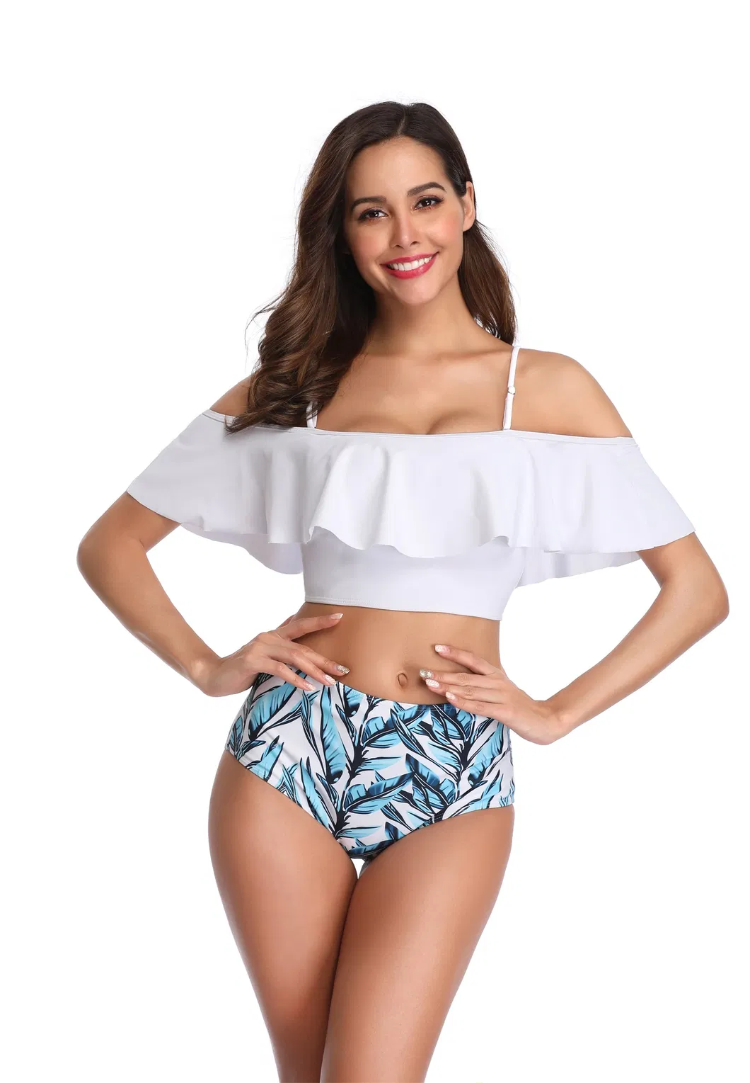 Moda Praia Feminina 2PCS Impressão Personalizada de Nylon com Renda e Alças Altas