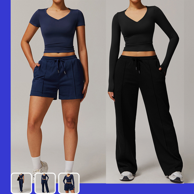 Calças curtas esportivas de cintura alta, camisa de roupas esportivas para o traje casual feminino durante o treino