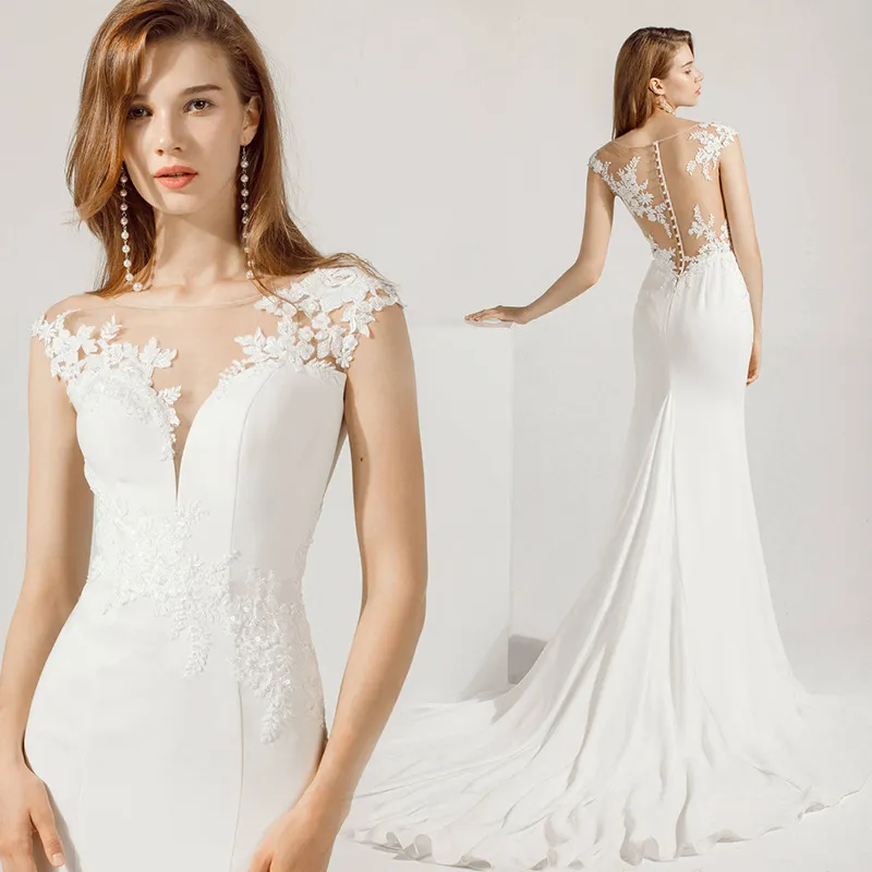 Vestido de Festa para Mulheres em Chiffon com Mangas Cap Sexy Estilo Sereia para Casamento