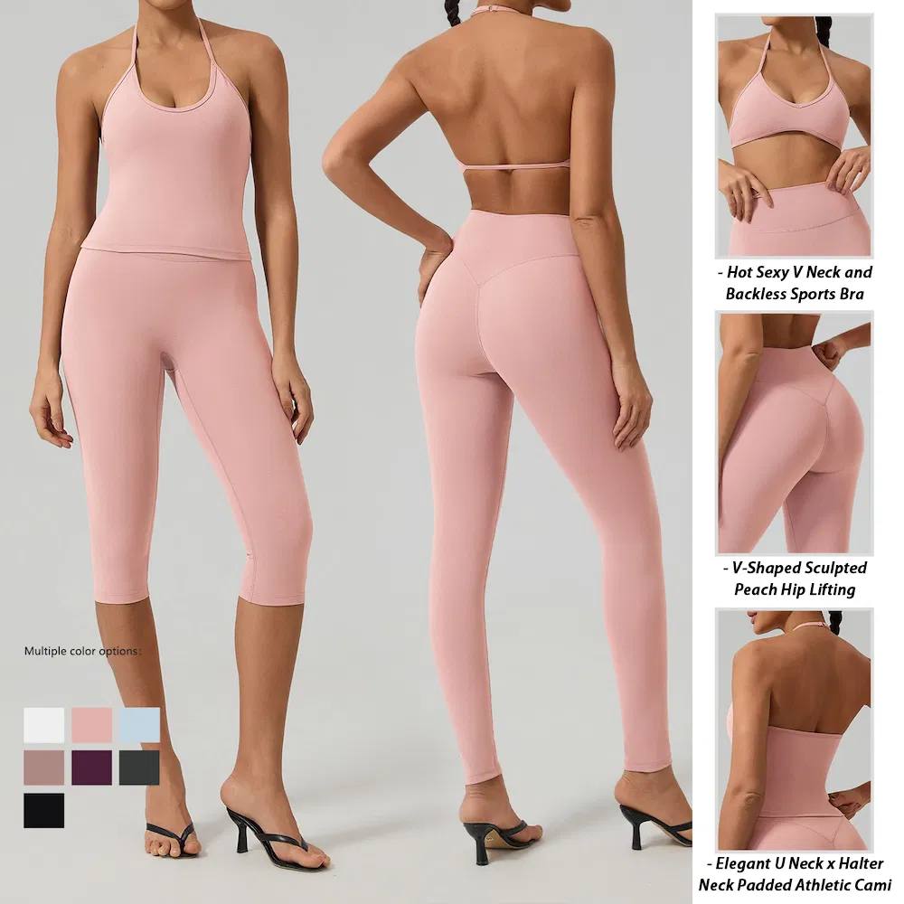 Chegada Recente Roupas de Ginástica Ecológicas Sem Costas Roupas de Yoga para Mulheres, 2/3/4PCS Conjuntos de Roupas Ativas Sustentáveis Top Esportivo com Decote Halter + Shorts de Treino e Leggings