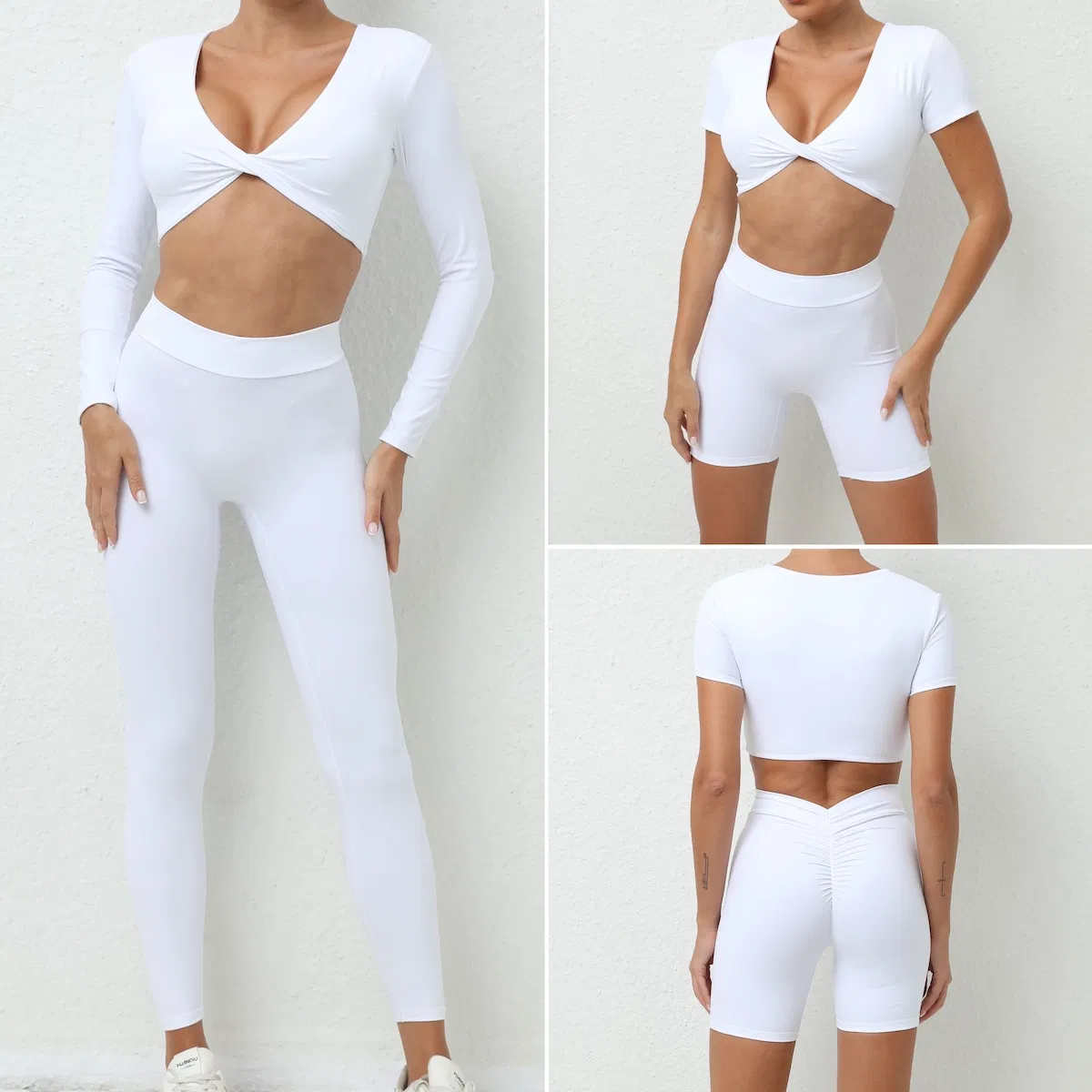 Conjunto de Treino de Luxo Personalizado 4 Peça Roupas de Fitness para Mulheres, Top Cropped Padded Sexy com Decote em V e Shorts + Leggings de Corrida com Efeito Bumbum