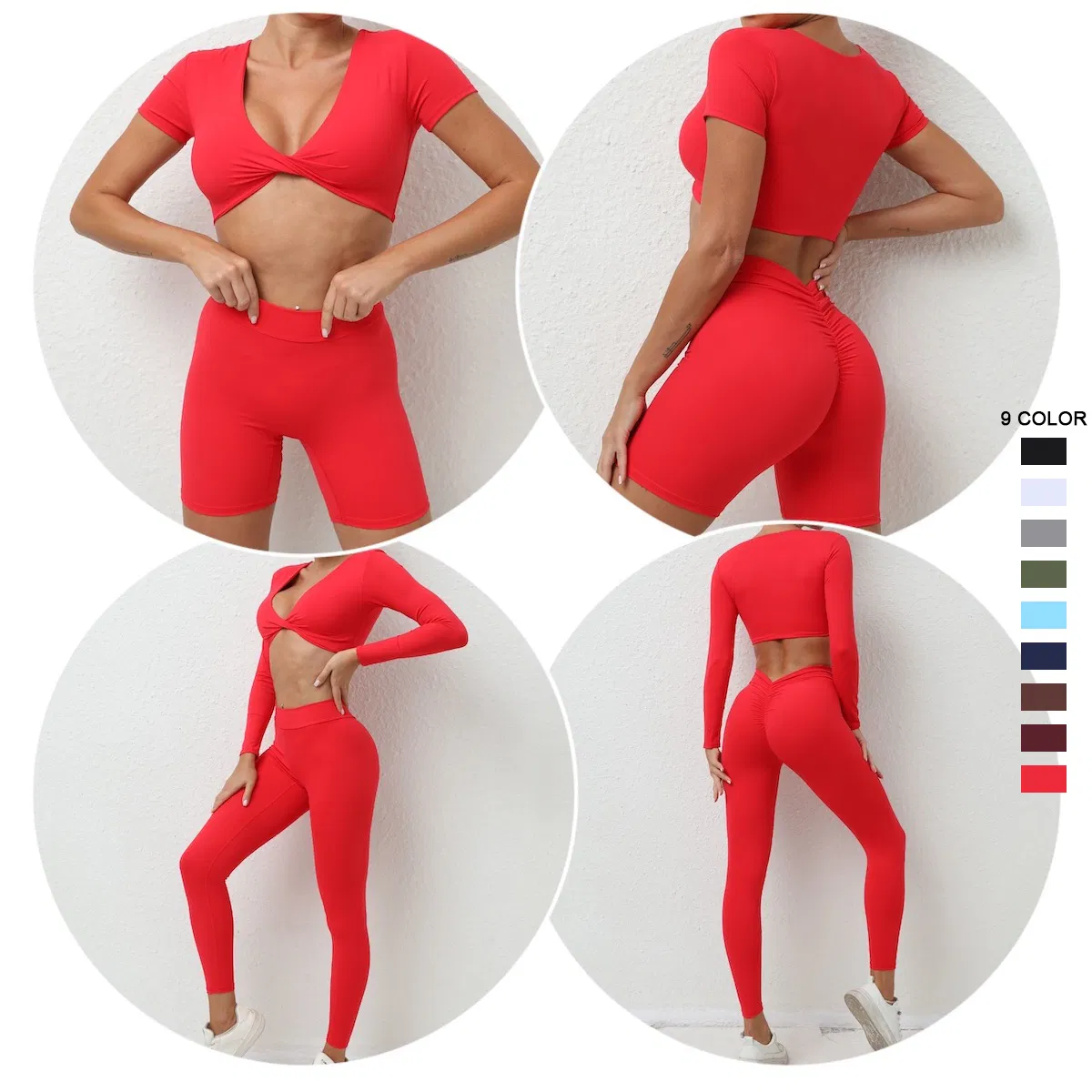 Conjunto de Treino de Luxo Personalizado 4 Peça Roupas de Fitness para Mulheres, Top Cropped Padded Sexy com Decote em V e Shorts + Leggings de Corrida com Efeito Bumbum