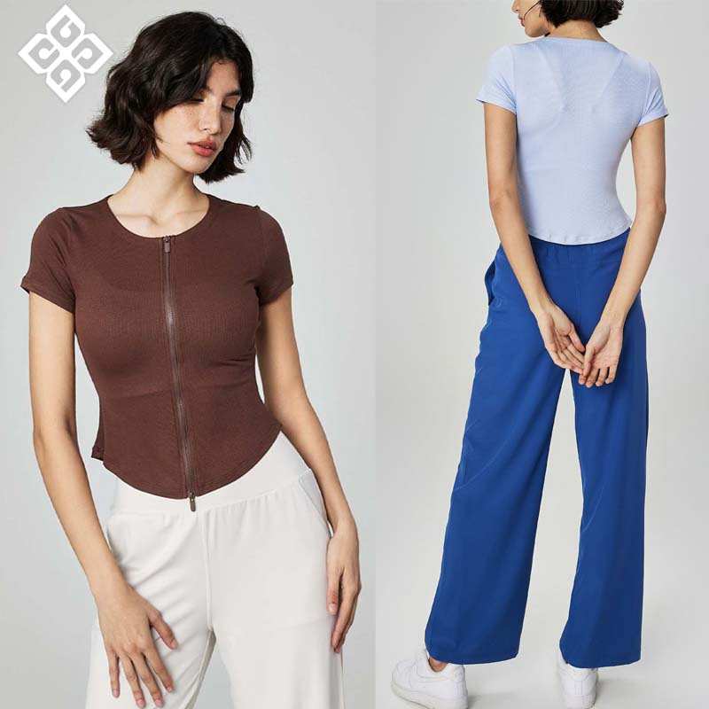 Camiseta Esportiva Slim Fit Feminina com Gola Redonda e Zíper, Roupas de Yoga Casuais, Cintura Slim, Roupas de Treino de Manga Curta para Academia