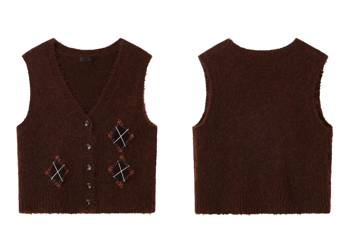 Colete de malha de lã mohair feito à mão em diamante para mulheres, outono e inverno, com decote em V, sem mangas, blusa feminina, atacado, malharia da China