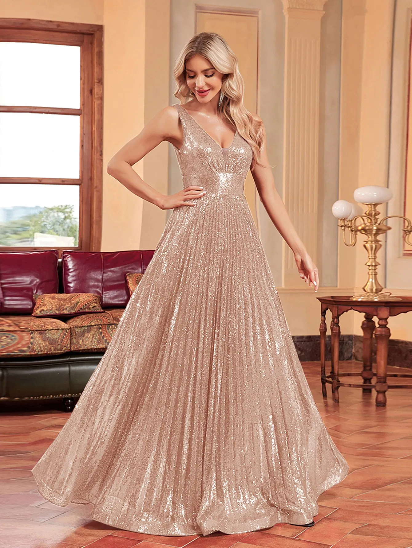 Vestido Elegante de Pérola Champanhe Europeu e Americano, Vestido de Festa para Damas de Honra com Corte Justo para Mulheres