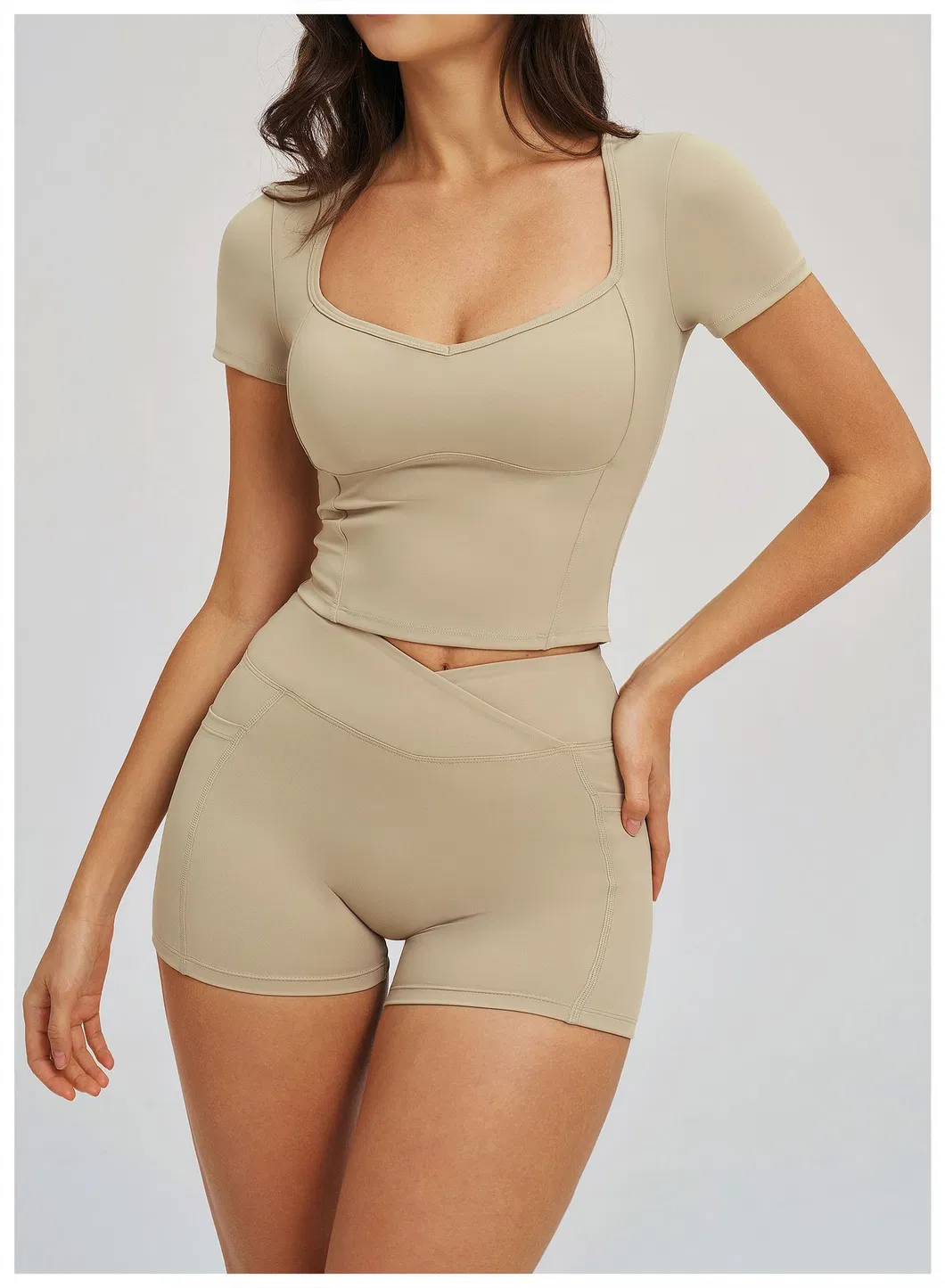 Blusa de Gola Alta Justa para Yoga com Mangas Curtas para Mulheres - Detalhe 2