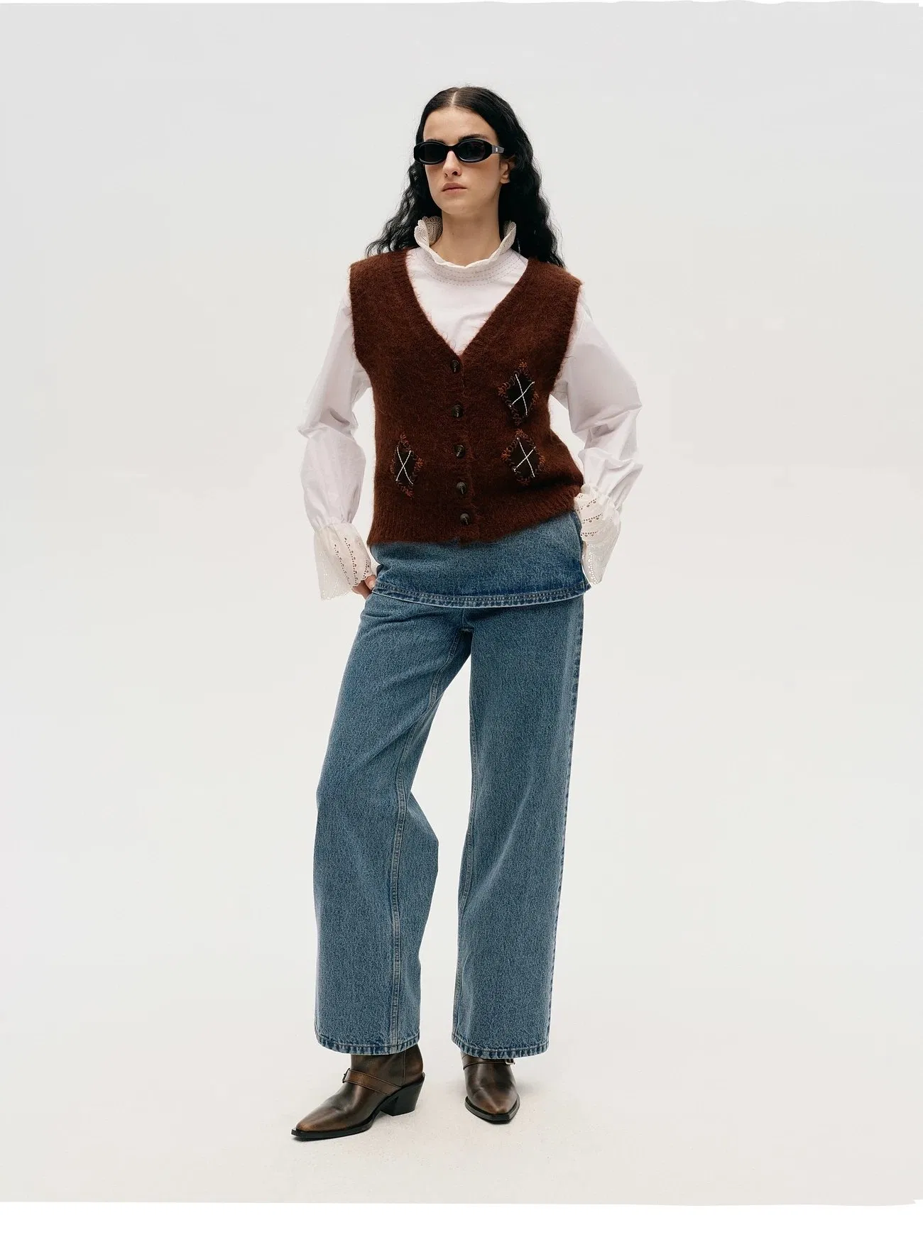 Colete de malha de lã mohair feito à mão em diamante para mulheres, outono e inverno, com decote em V, sem mangas, blusa feminina, atacado, malharia da China