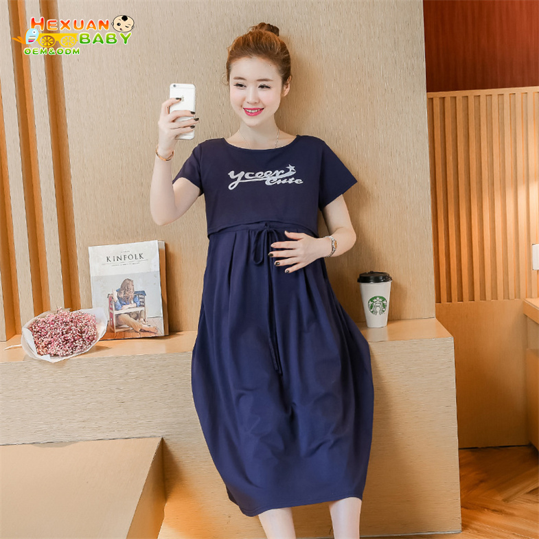 Vestido de Noite Maternidade com Manga Curta Impresso Roupas de Amamentação Vestido de Dormir