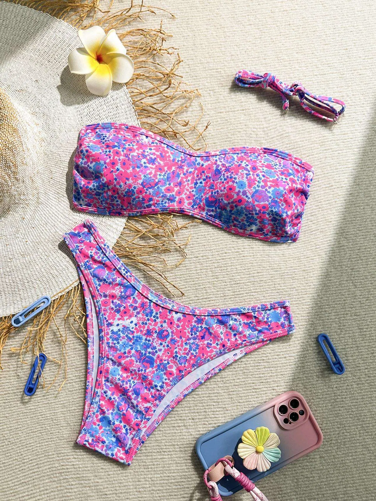 Conjunto de Biquíni Dois Peças Tanga Cintura Alta Controle de Barriga Estampado Moda Praia para Mulheres