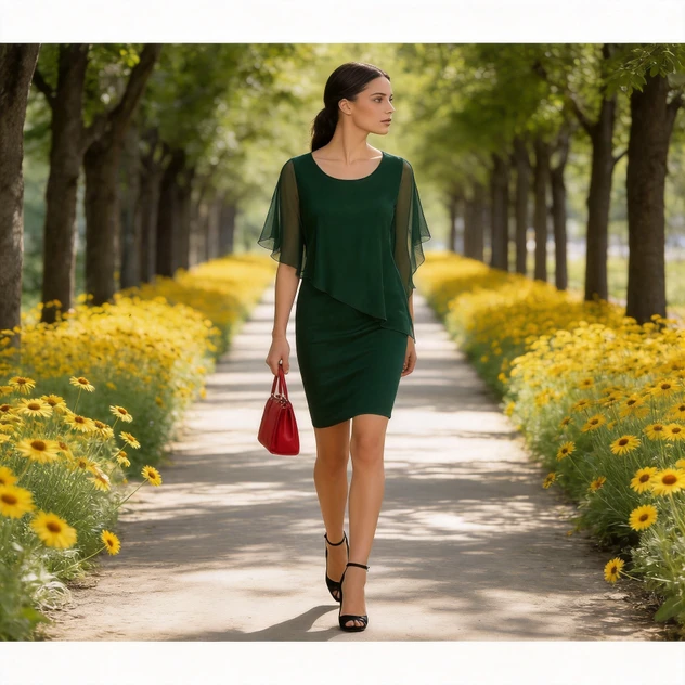 Vestido Midi Bodycon Lápis com Manga de Chiffon Verde Escuro para Mulheres Plus Size, Elegante para Casamento, Convidada, Evento Formal e Festa
