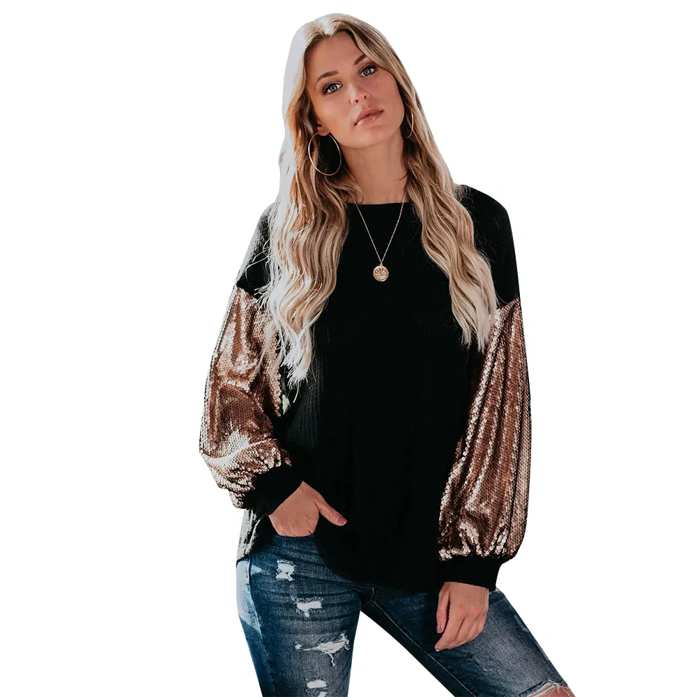 Novo estilo quente de outono e inverno, suéter solto com paetês e costura em contraste, camisetas que combinam com tudo, roupas femininas, vestuário feminino