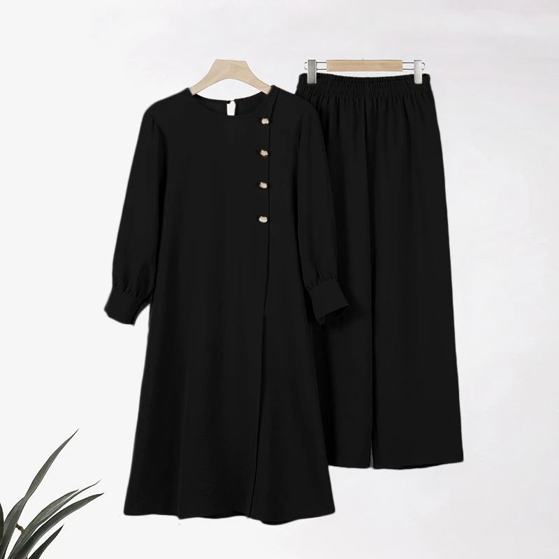 Conjunto de Roupas Elegante para Mulheres Muçulmanas em Cor Sólida e Respirável com Roupas de Fenda Lateral