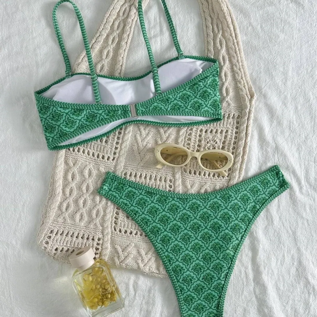 Conjunto de Biquíni Dois Peças Tanga Cintura Alta Controle de Barriga Estampado Moda Praia para Mulheres