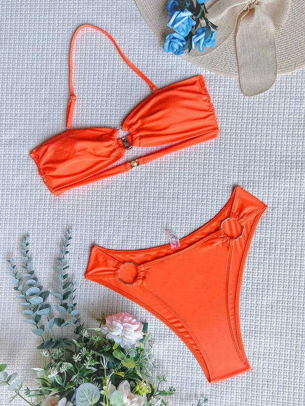Biquíni triângulo laranja sexy para mulheres, maiô bandeau sólido, roupa de praia