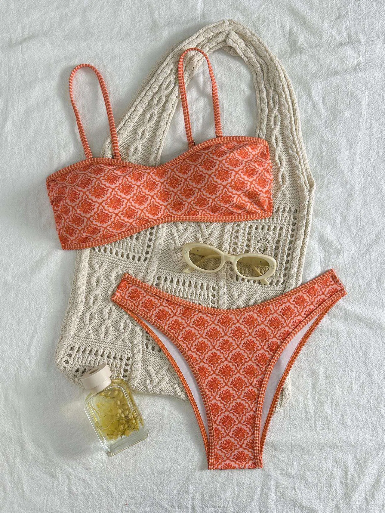 Conjunto de Biquíni Dois Peças Tanga Cintura Alta Controle de Barriga Estampado Moda Praia para Mulheres