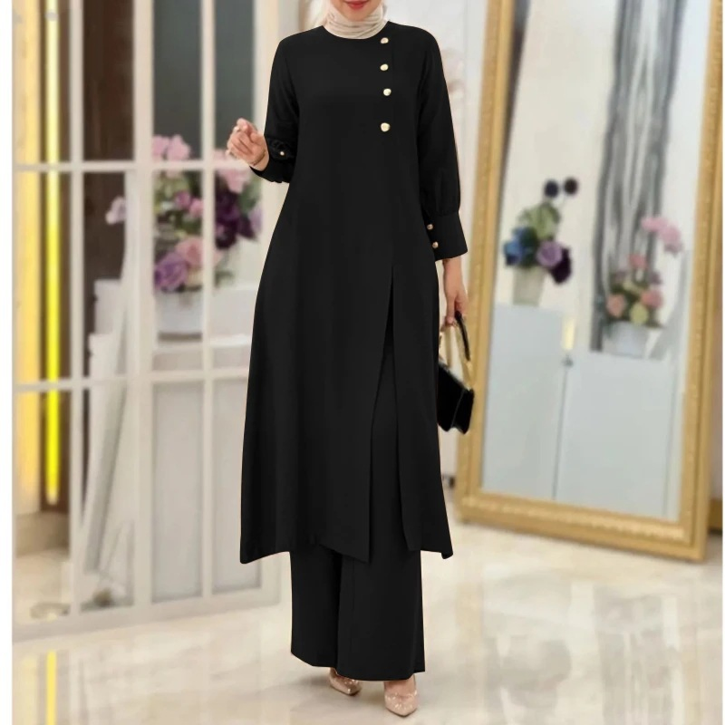 Conjunto de Roupas Elegante para Mulheres Muçulmanas em Cor Sólida e Respirável com Roupas de Fenda Lateral