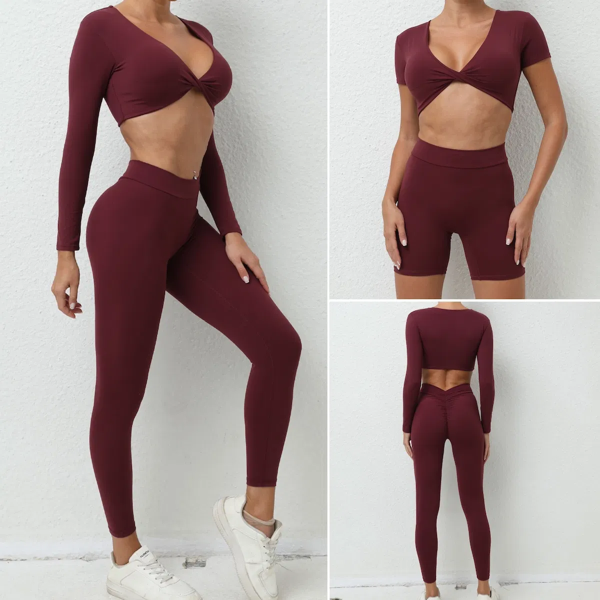 Conjunto de Treino de Luxo Personalizado 4 Peça Roupas de Fitness para Mulheres, Top Cropped Padded Sexy com Decote em V e Shorts + Leggings de Corrida com Efeito Bumbum