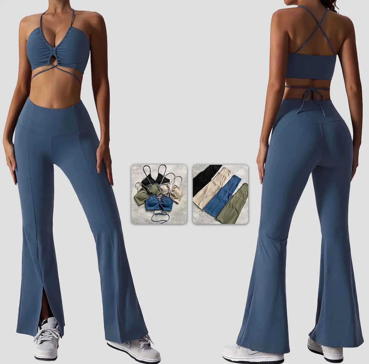 Roupas de treino de pilates para mulheres, personalizadas, com sutiã esportivo estiloso + leggings flare de cintura alta, vestuário de fitness para yoga, roupas casuais de atividade