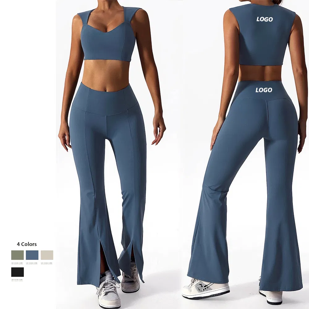 Roupas de treino de pilates para mulheres, personalizadas, com sutiã esportivo estiloso + leggings flare de cintura alta, vestuário de fitness para yoga, roupas casuais de atividade