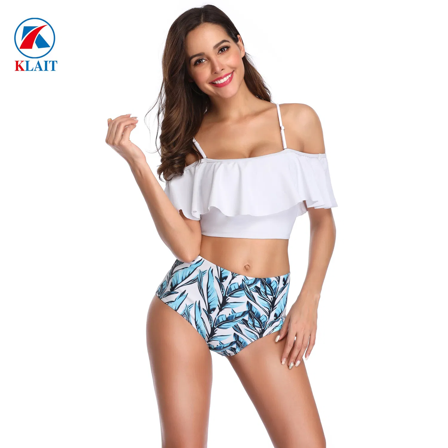 Moda Praia Feminina 2PCS Impressão Personalizada de Nylon com Renda e Alças Altas
