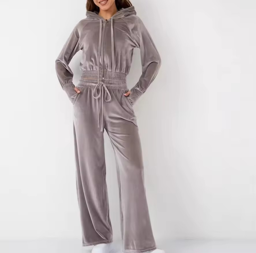 Conjunto de Roupas Casuais Femininas Esportivas 2 Peça Moda Cor Sólida Cardigã de Veludo com Capuz de Manga Longa Calças de Cintura Elástica e Pernas Largas Roupas Esportivas Femininas