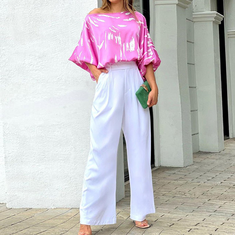Conjunto de Duas Peças com Estampa Doce, Gola Redonda, Camiseta Curta e Calça Larga, Roupas Femininas