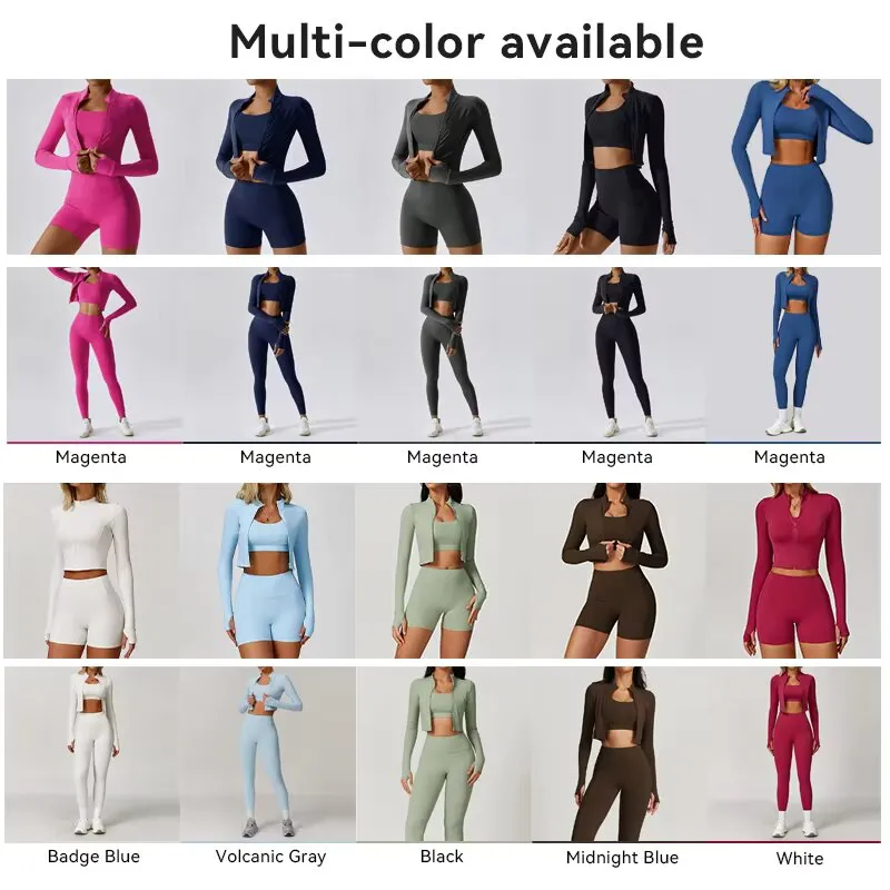 Conjunto de Roupas de Yoga 3 Peça Mulheres Jaqueta de Manga Longa Ativa Top Esportivo Conjunto de Yoga Leggings de Ginástica Roupa de Fitness Conjunto de Esportes